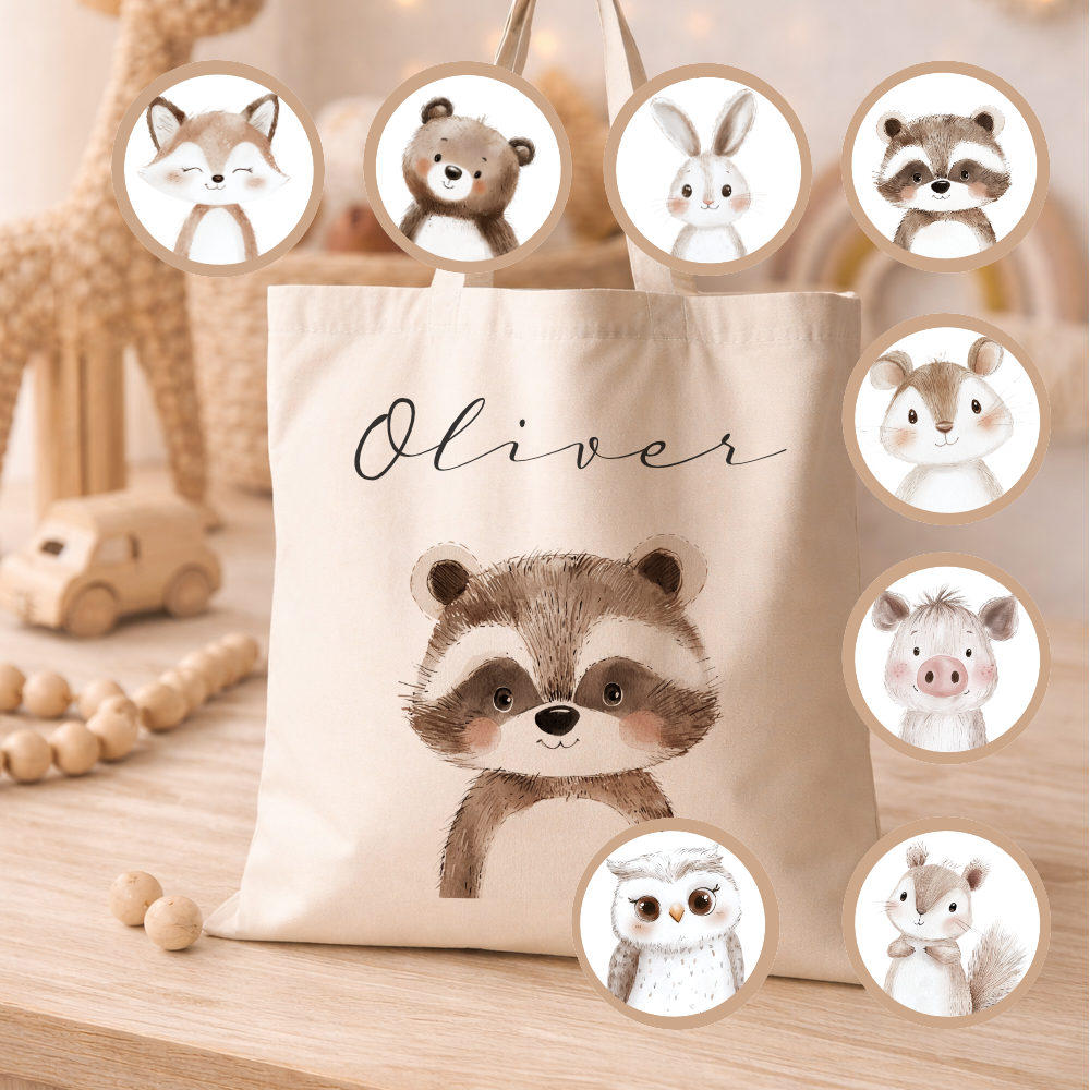 Personalisierter Stoffbeutel für Kinder mit Namen & Waldtier-Motiv Kinderbeutel – Beige Leinenoptik