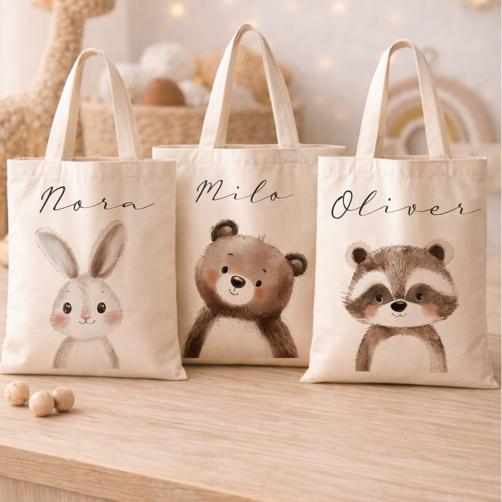 Personalisierter Stoffbeutel für Kinder mit Namen & Waldtier-Motiv Kinderbeutel – Beige Leinenoptik