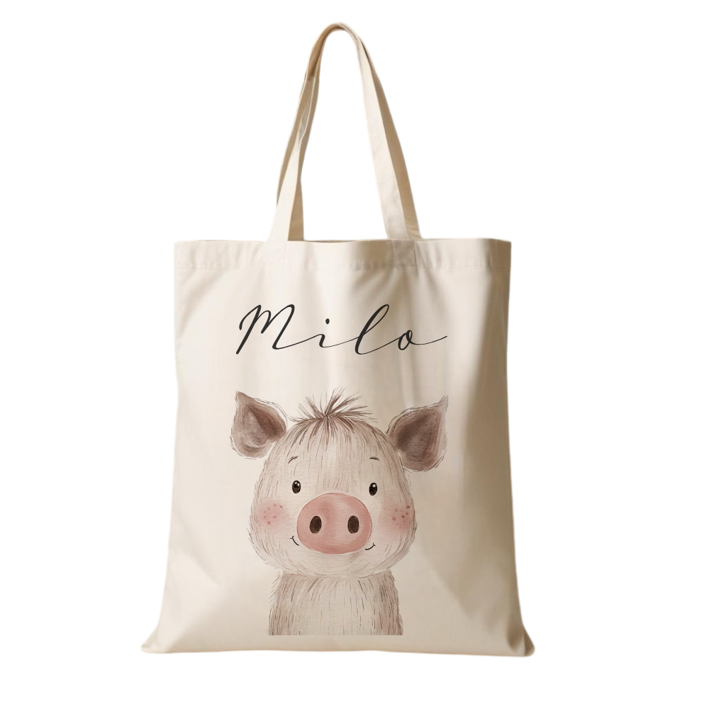 Personalisierter Stoffbeutel für Kinder mit Namen & Waldtier-Motiv Kinderbeutel – Beige Leinenoptik