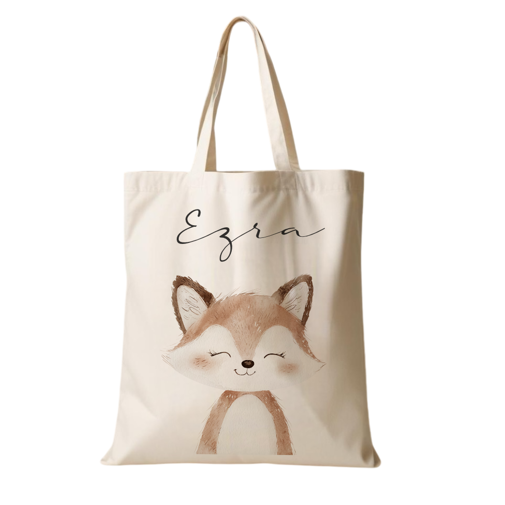 Personalisierter Stoffbeutel für Kinder mit Namen & Waldtier-Motiv Kinderbeutel – Beige Leinenoptik