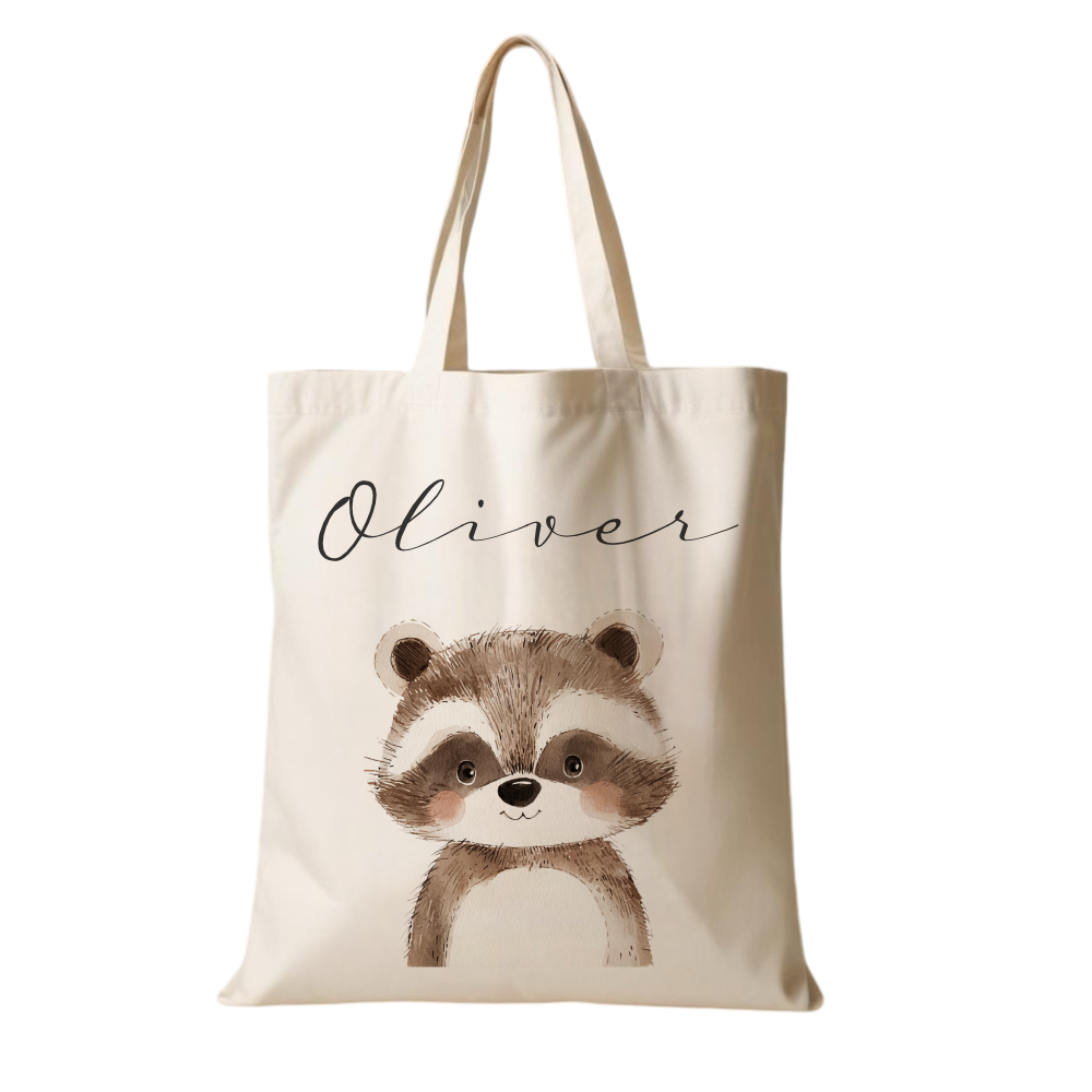 Personalisierter Stoffbeutel für Kinder mit Namen & Waldtier-Motiv Kinderbeutel – Beige Leinenoptik