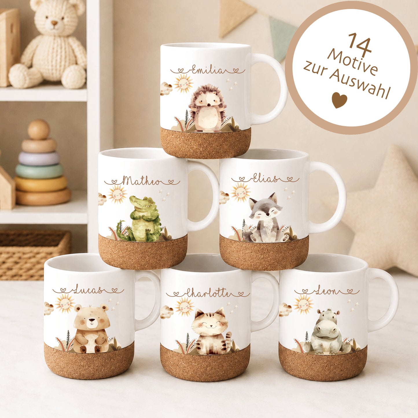 Personalisierte Kindertasse mit Namen – Keramiktasse mit Korkboden & Deckel | 14 Motive zur Auswahl