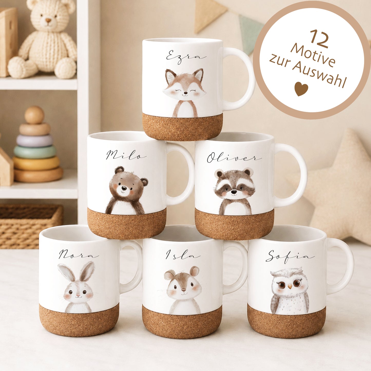 Personalisierte Kindertasse mit Name – Keramiktasse mit Korkboden & Deckel | 12 Tiermotive