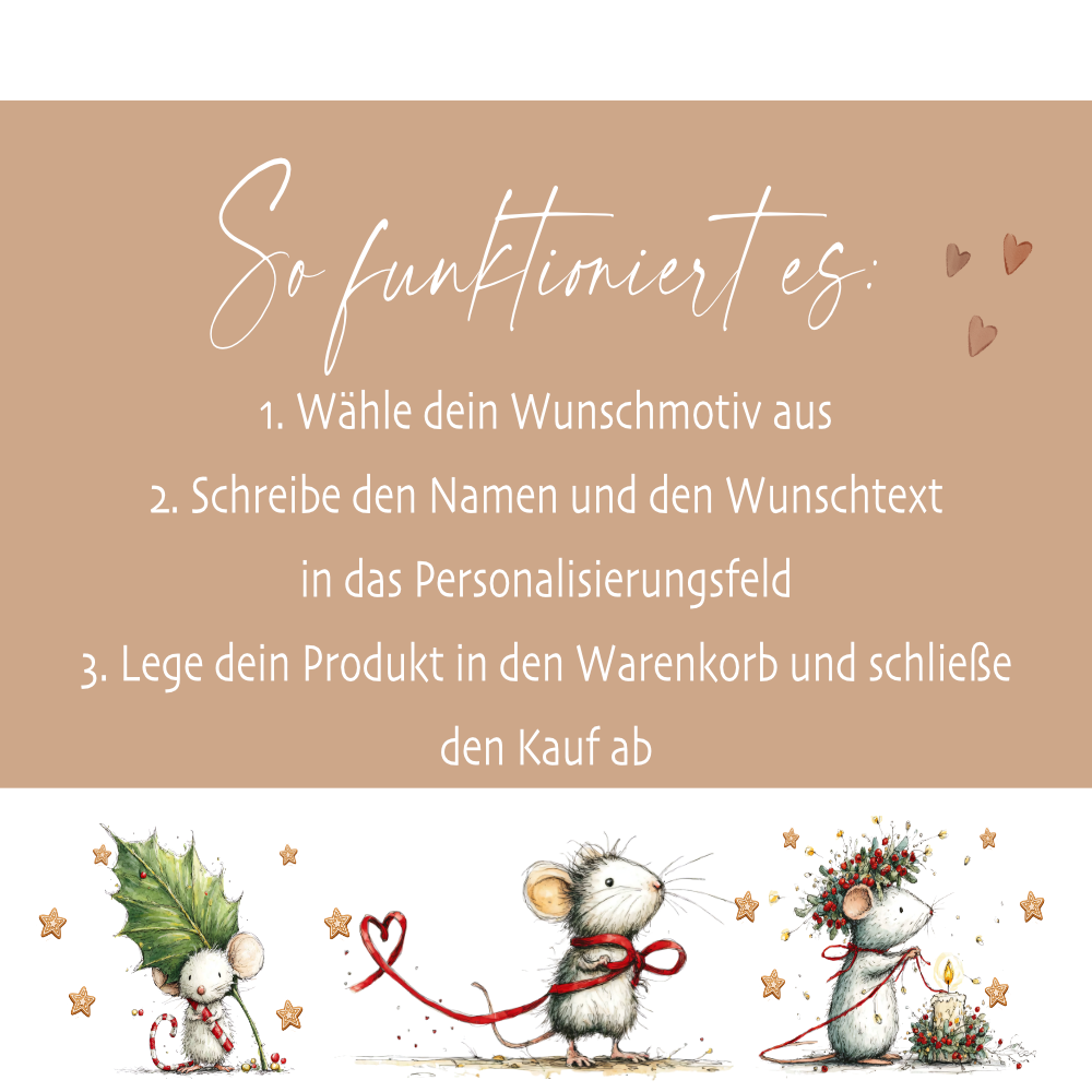 Emaille Tasse personalisiert mit Namen – 4 süße Weihnachtsmäuse