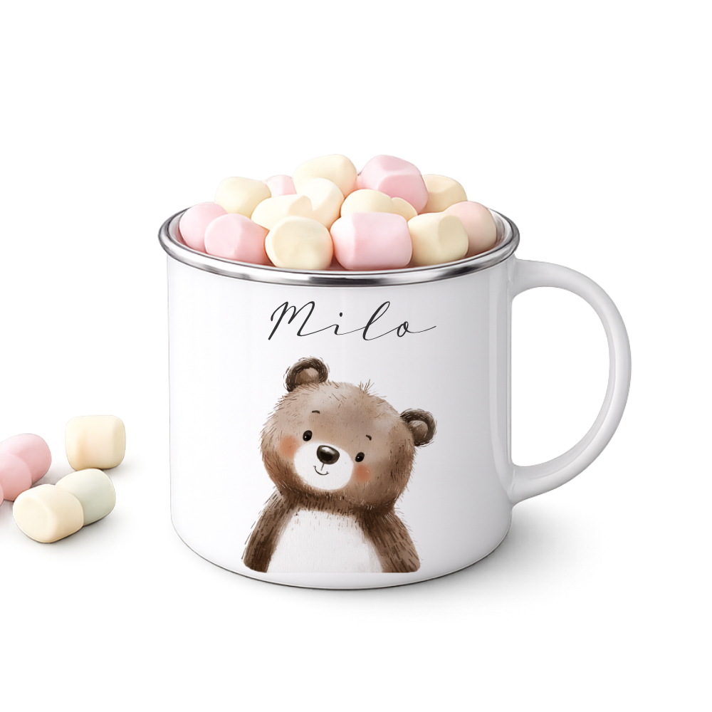 Personalisierte Kinder Emaille-Tasse mit Namen – Niedliche Tiermotive | Geschenk zur Geburt, Taufe oder Geburtstag