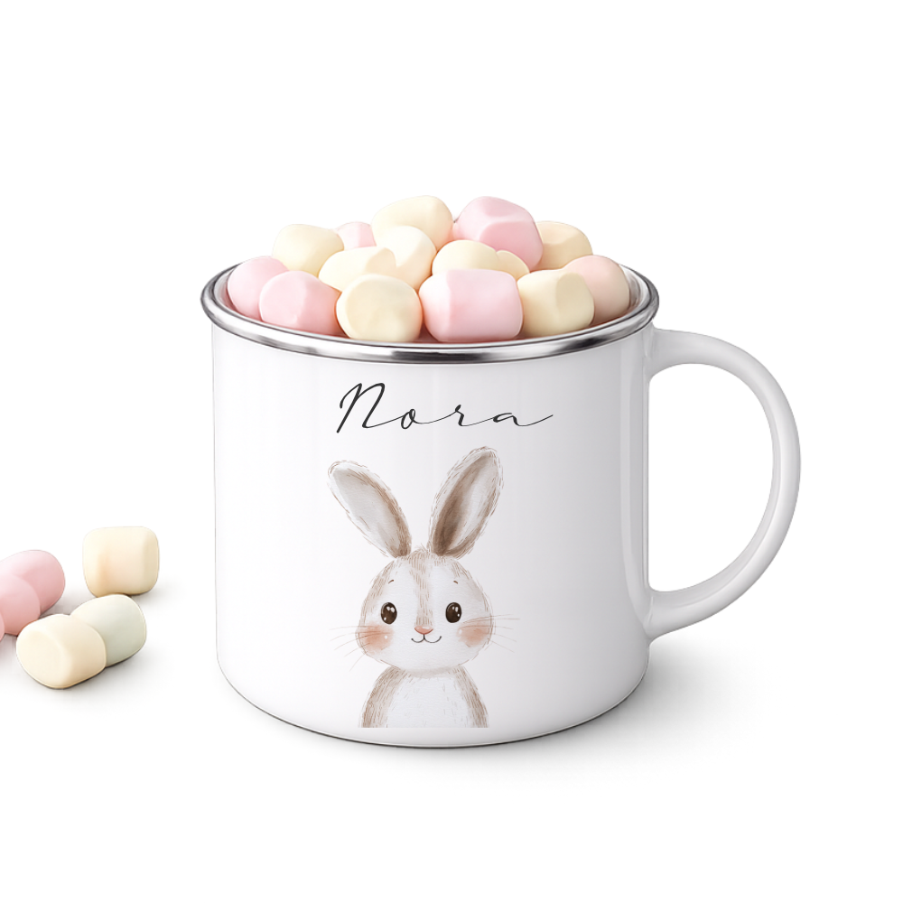 Personalisierte Kinder Emaille-Tasse mit Namen – Niedliche Tiermotive | Geschenk zur Geburt, Taufe oder Geburtstag