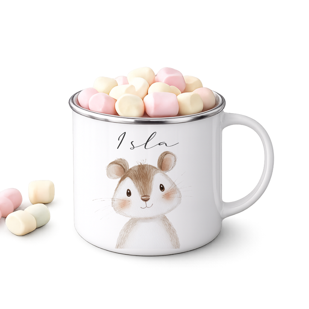 Personalisierte Kinder Emaille-Tasse mit Namen – Niedliche Tiermotive | Geschenk zur Geburt, Taufe oder Geburtstag