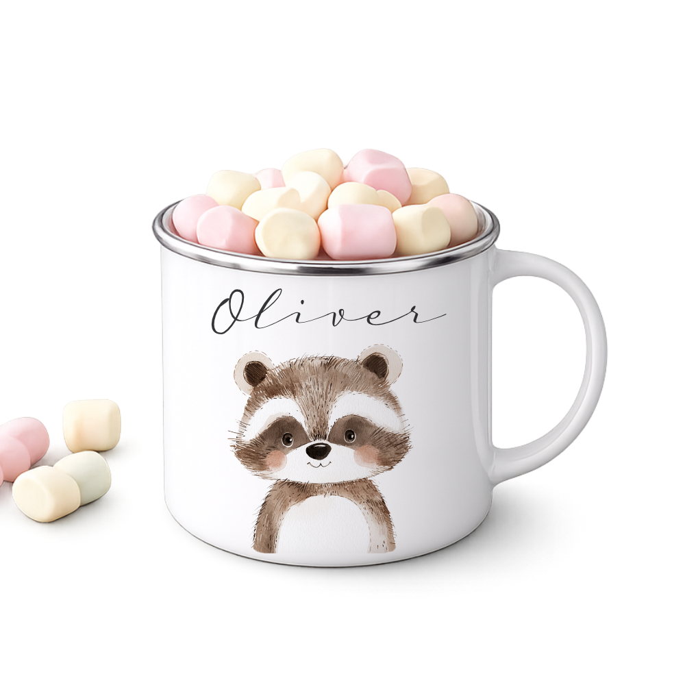 Personalisierte Kinder Emaille-Tasse mit Namen – Niedliche Tiermotive | Geschenk zur Geburt, Taufe oder Geburtstag