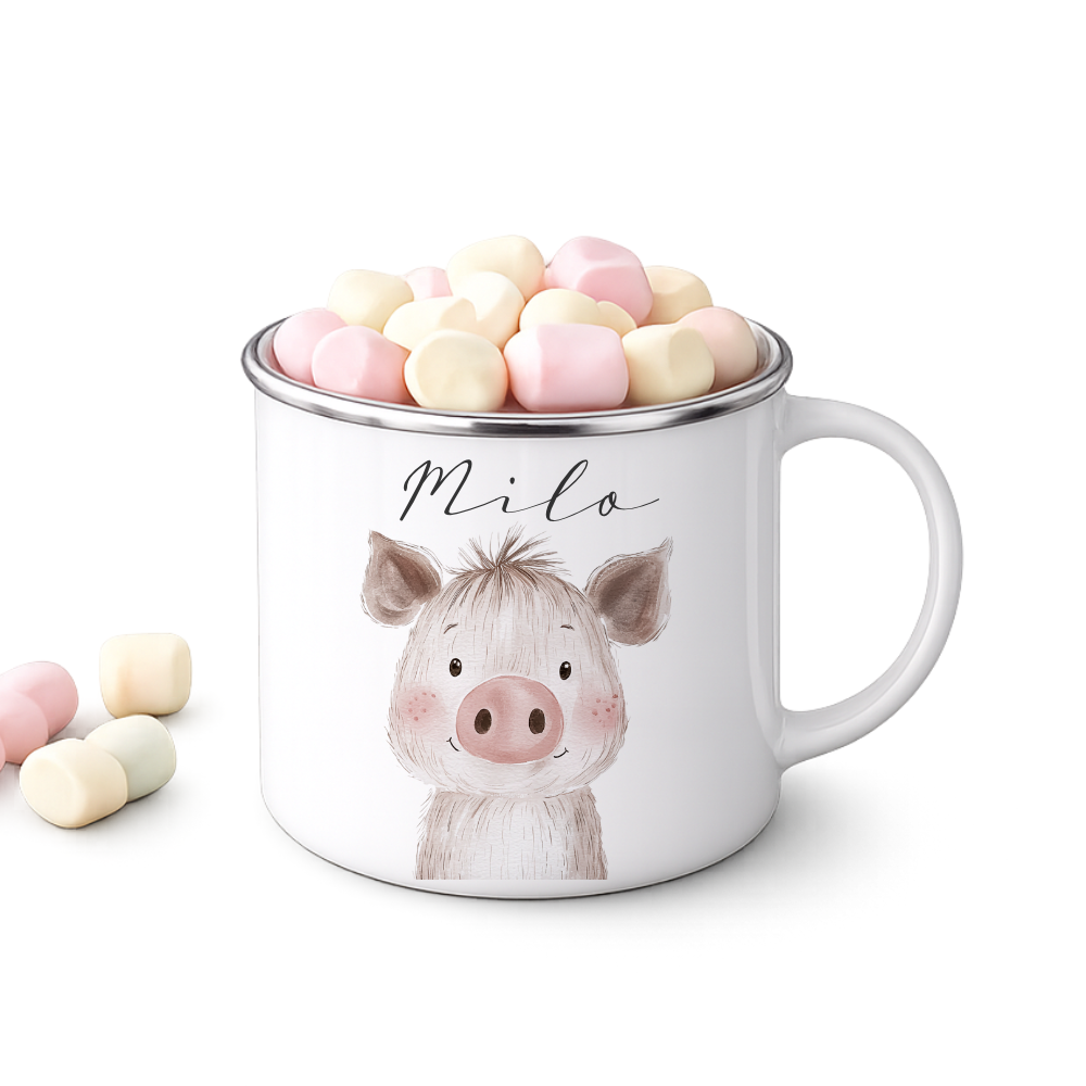Personalisierte Kinder Emaille-Tasse mit Namen – Niedliche Tiermotive | Geschenk zur Geburt, Taufe oder Geburtstag