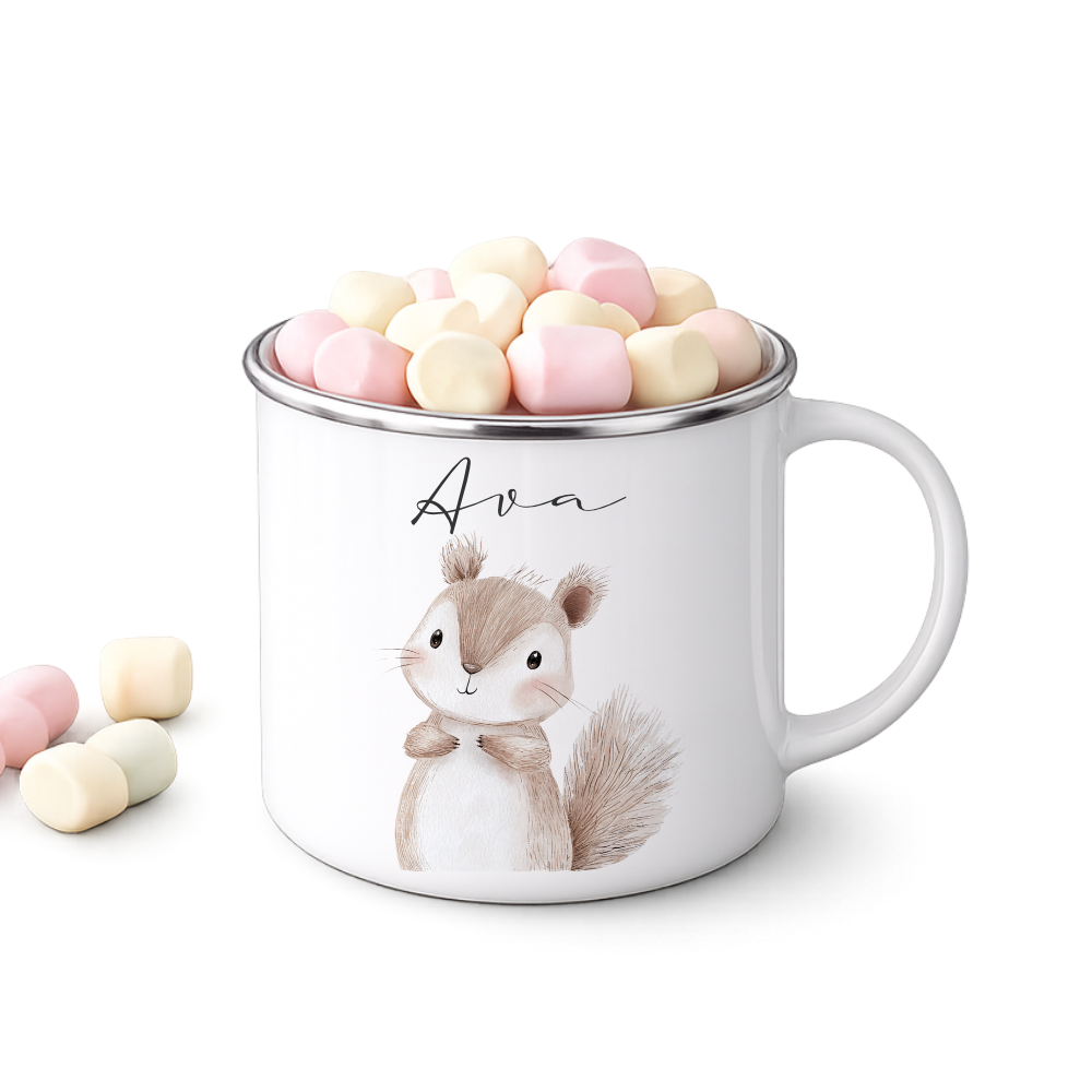 Personalisierte Kinder Emaille-Tasse mit Namen – Niedliche Tiermotive | Geschenk zur Geburt, Taufe oder Geburtstag