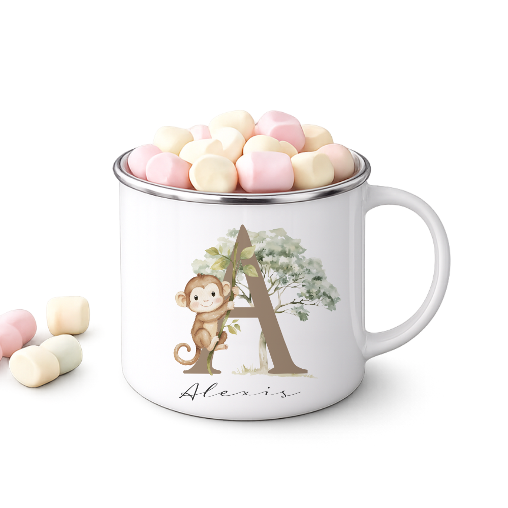 Personalisierte Emaille Tasse mit Namen & Buchstabe – Süße Safari Motive im Boho-Stil – Bruchsicherer Kinderbecher 300ml