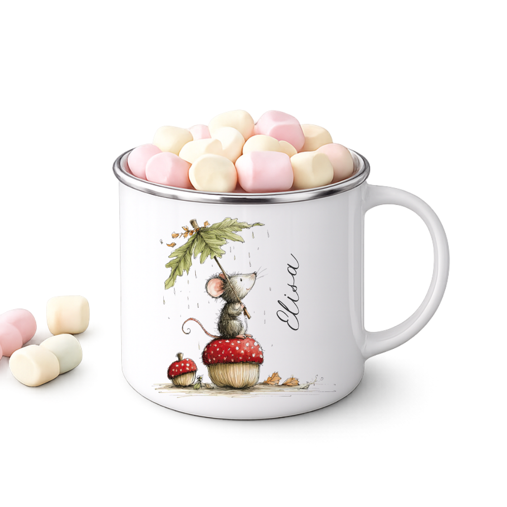 Personalisierte Emaille Tasse für Kinder mit Namen – Süße Maus Motive im Boho-Stil