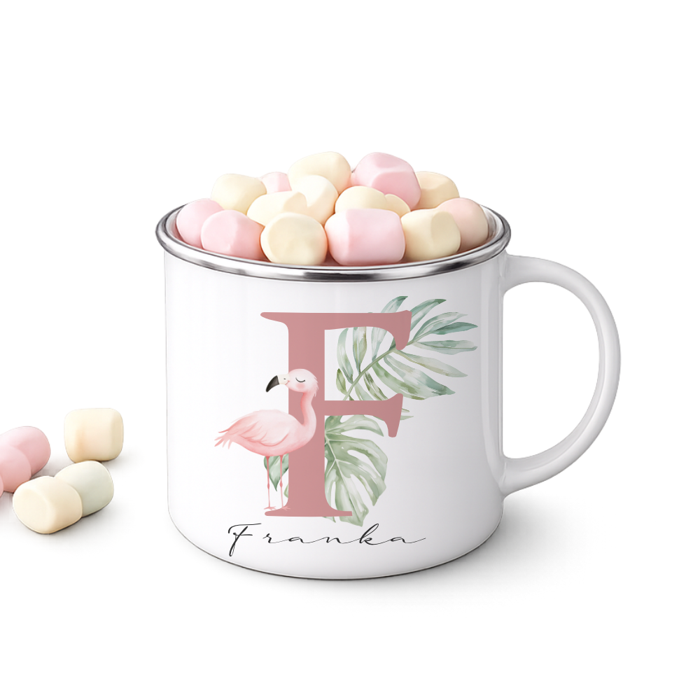 Personalisierte Emaille Tasse mit Namen & Buchstabe – Süße Safari Motive im Boho-Stil – Bruchsicherer Kinderbecher 300ml
