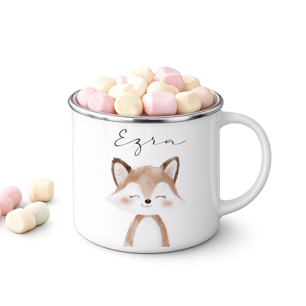 Personalisierte Kinder Emaille-Tasse mit Namen – Niedliche Tiermotive | Geschenk zur Geburt, Taufe oder Geburtstag