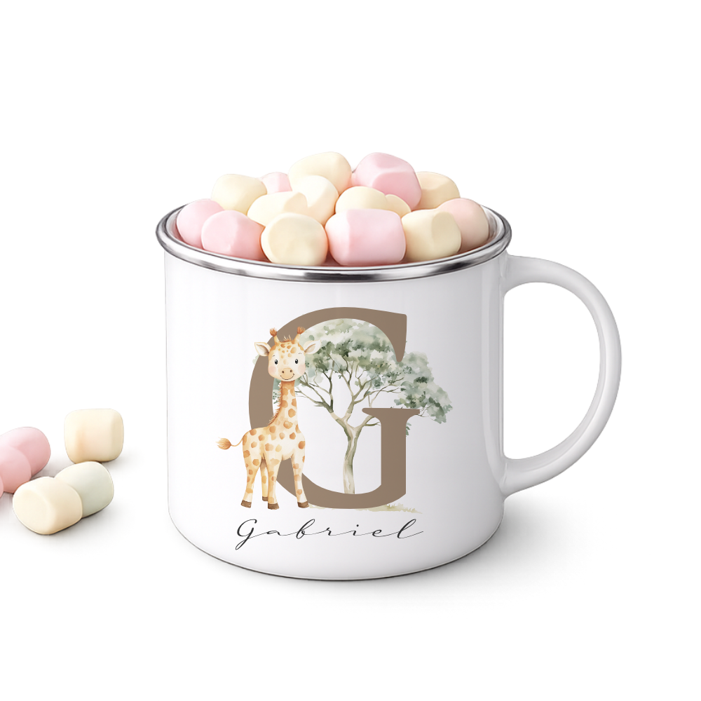 Personalisierte Emaille Tasse mit Namen & Buchstabe – Süße Safari Motive im Boho-Stil – Bruchsicherer Kinderbecher 300ml