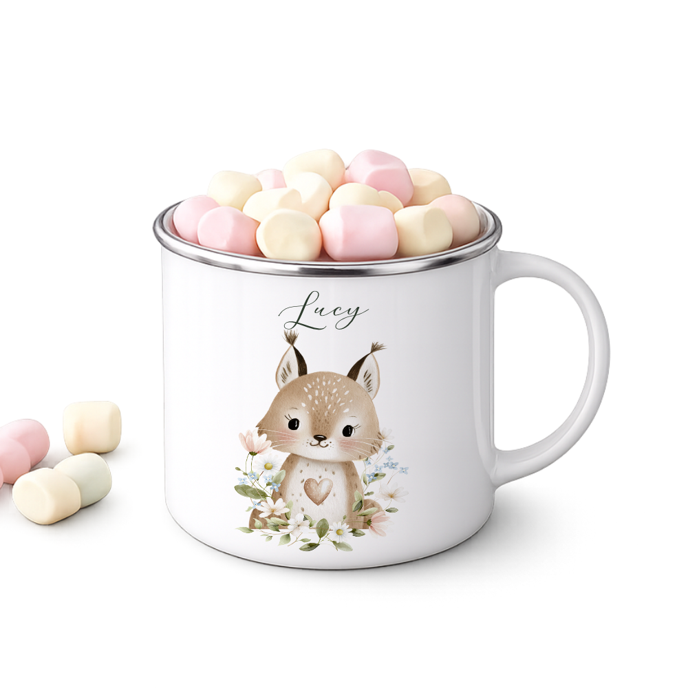 Personalisierte Emaille Tasse mit Namen – Süße Waldtiere Motive im Boho-Stil – Kinderbecher / Campingbecher 300ml