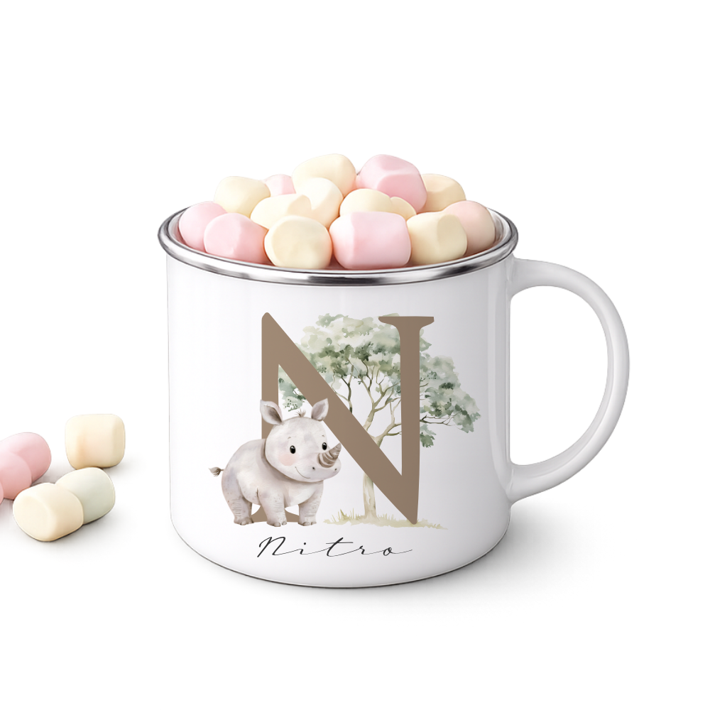 Personalisierte Emaille Tasse mit Namen & Buchstabe – Süße Safari Motive im Boho-Stil – Bruchsicherer Kinderbecher 300ml