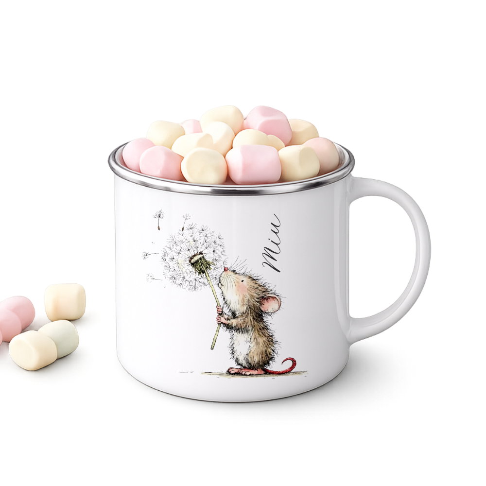Personalisierte Emaille Tasse für Kinder mit Namen – Süße Maus Motive im Boho-Stil