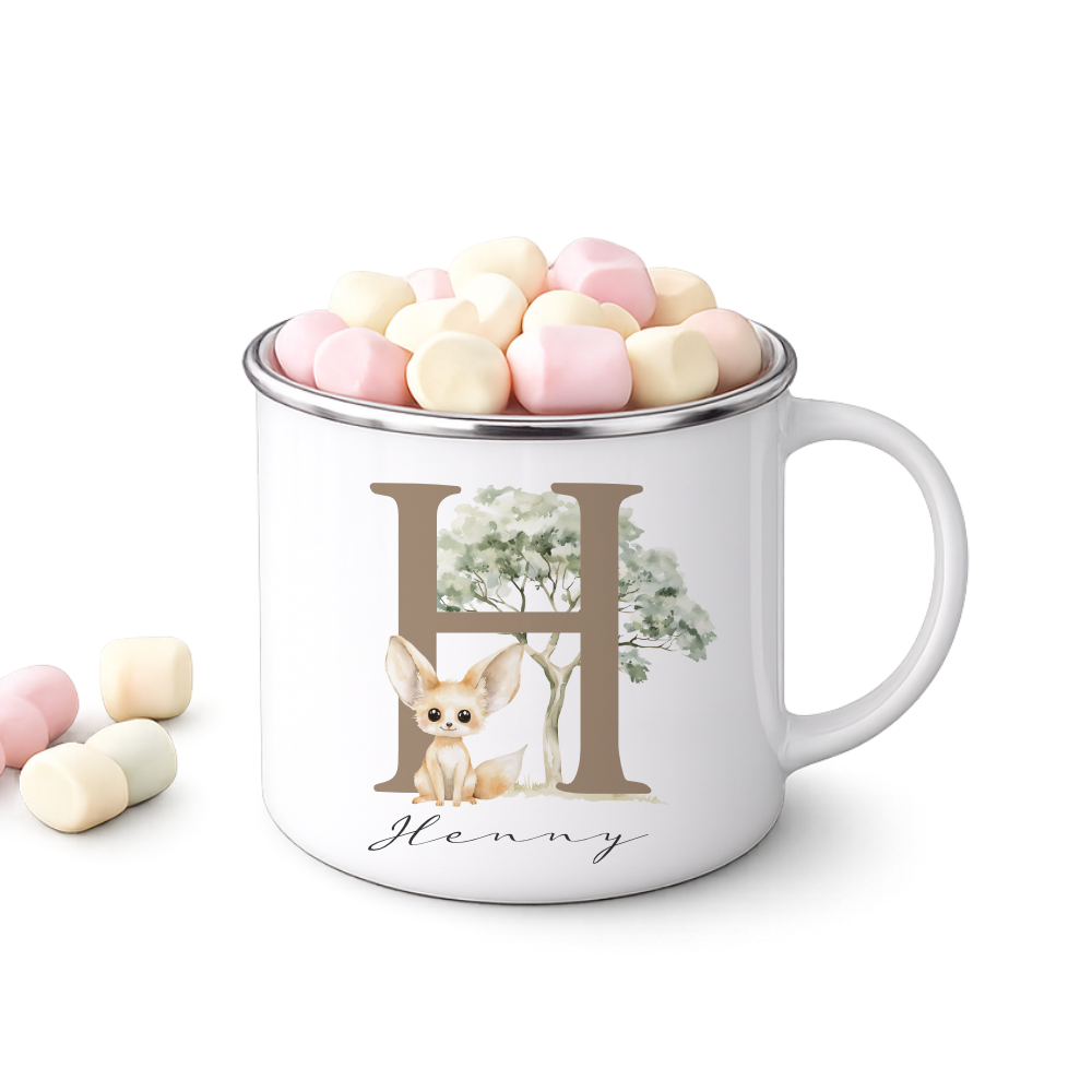 Personalisierte Emaille Tasse mit Namen & Buchstabe – Süße Safari Motive im Boho-Stil – Bruchsicherer Kinderbecher 300ml