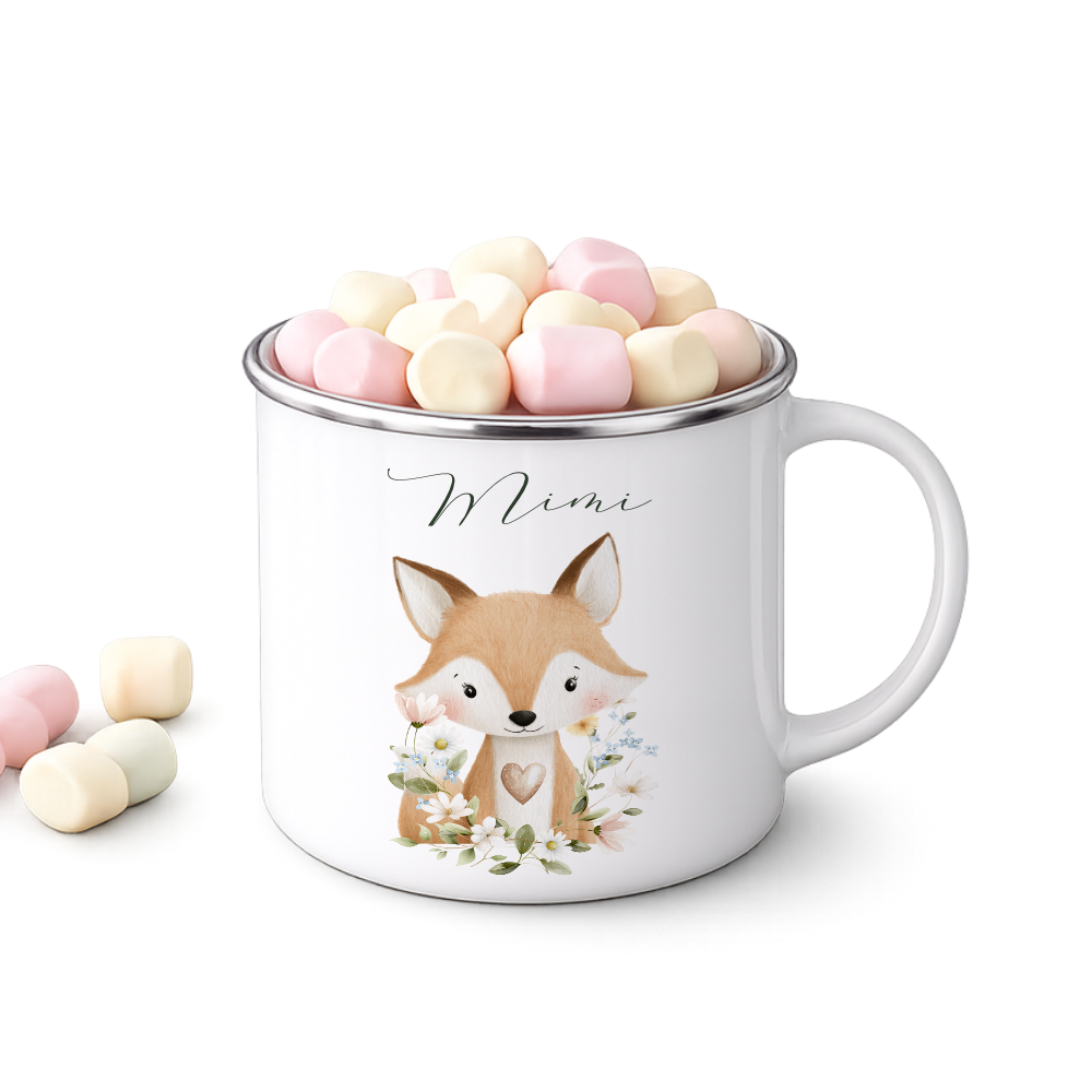 Personalisierte Emaille Tasse mit Namen – Süße Waldtiere Motive im Boho-Stil – Kinderbecher / Campingbecher 300ml