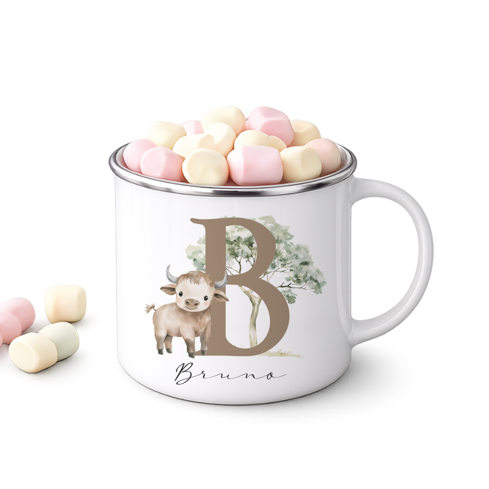 Personalisierte Emaille Tasse mit Namen & Buchstabe – Süße Safari Motive im Boho-Stil – Bruchsicherer Kinderbecher 300ml