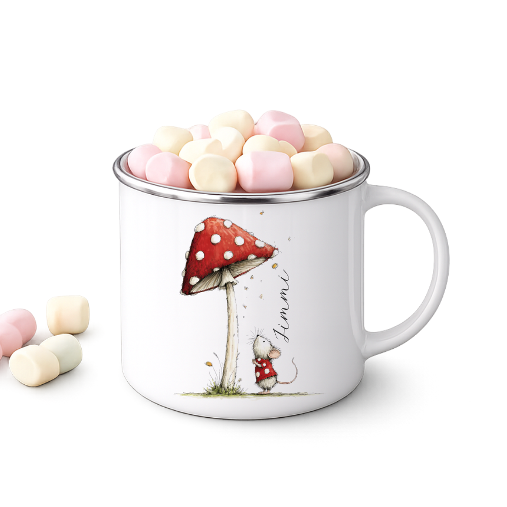 Personalisierte Emaille Tasse für Kinder mit Namen – Süße Maus Motive im Boho-Stil