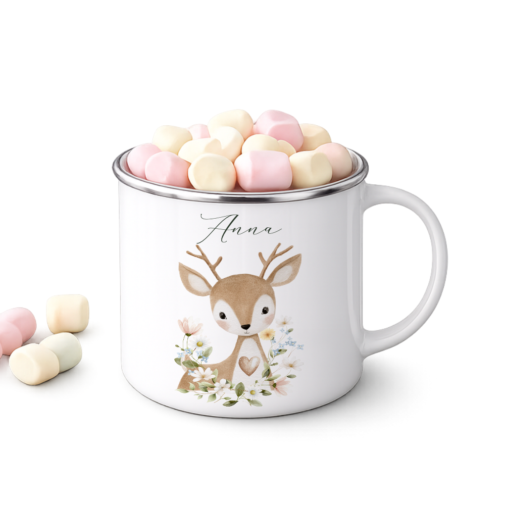 Personalisierte Emaille Tasse mit Namen – Süße Waldtiere Motive im Boho-Stil – Kinderbecher / Campingbecher 300ml