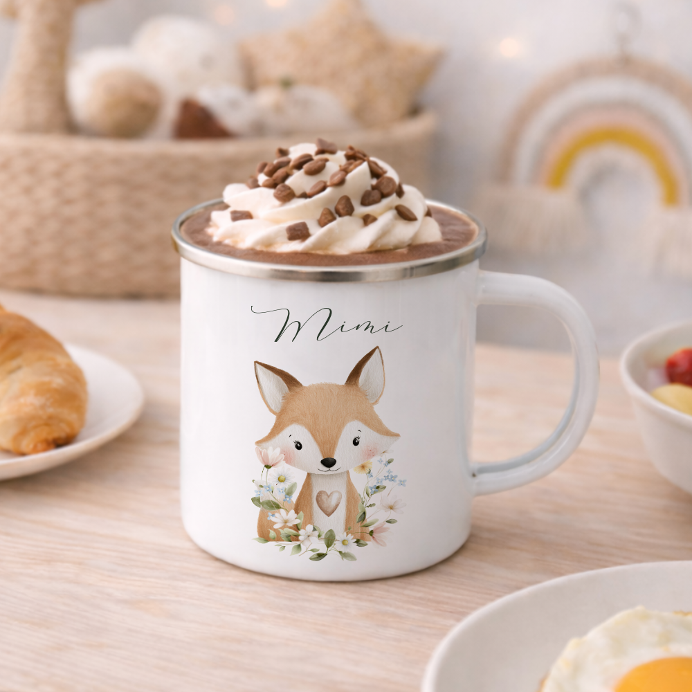 Personalisierte Emaille Tasse mit Namen – Süße Waldtiere Motive im Boho-Stil – Kinderbecher / Campingbecher 300ml