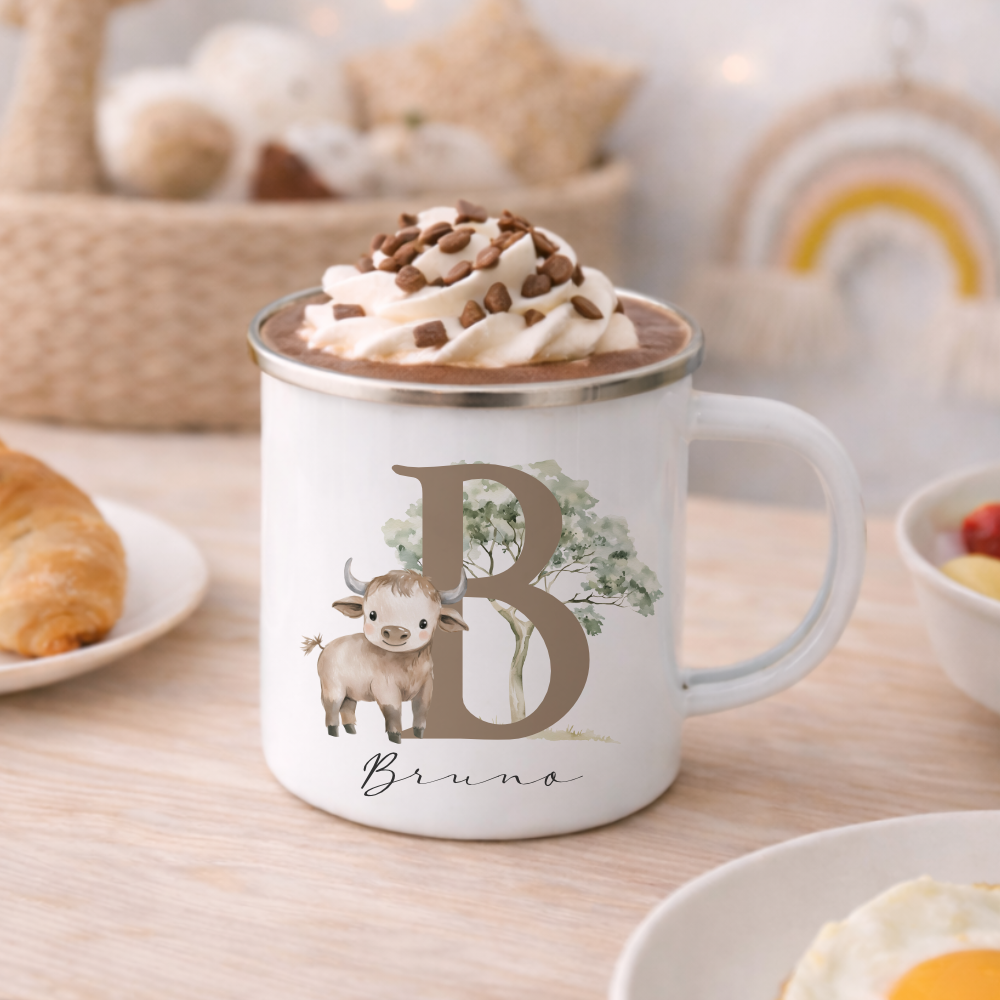 Personalisierte Emaille Tasse mit Namen & Buchstabe – Süße Safari Motive im Boho-Stil – Bruchsicherer Kinderbecher 300ml