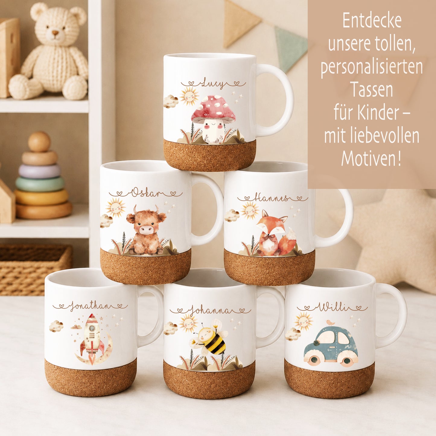 Personalisierte Kindertasse mit Namen – Keramiktasse mit Korkboden & Deckel | 14 Motive zur Auswahl