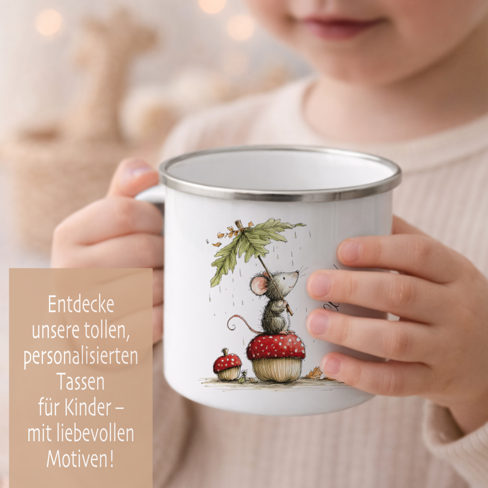Personalisierte Emaille Tasse für Kinder mit Namen – Süße Maus Motive im Boho-Stil