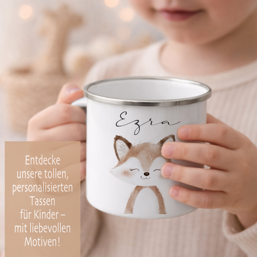 Personalisierte Kinder Emaille-Tasse mit Namen – Niedliche Tiermotive | Geschenk zur Geburt, Taufe oder Geburtstag