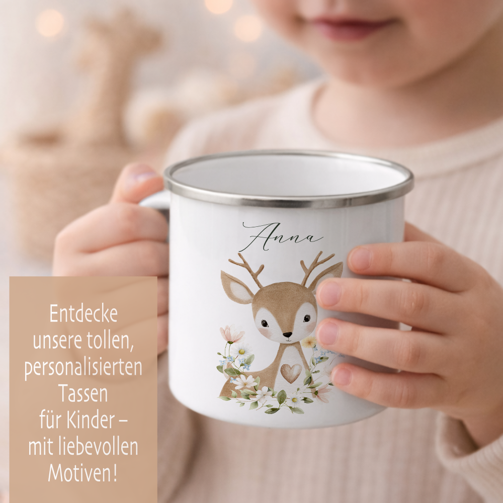 Personalisierte Emaille Tasse mit Namen – Süße Waldtiere Motive im Boho-Stil – Kinderbecher / Campingbecher 300ml