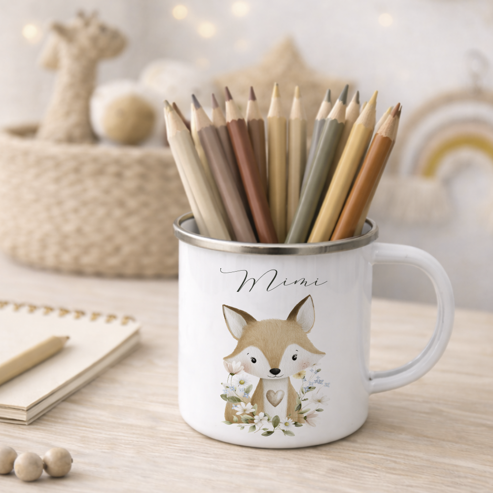 Personalisierte Emaille Tasse mit Namen – Süße Waldtiere Motive im Boho-Stil – Kinderbecher / Campingbecher 300ml