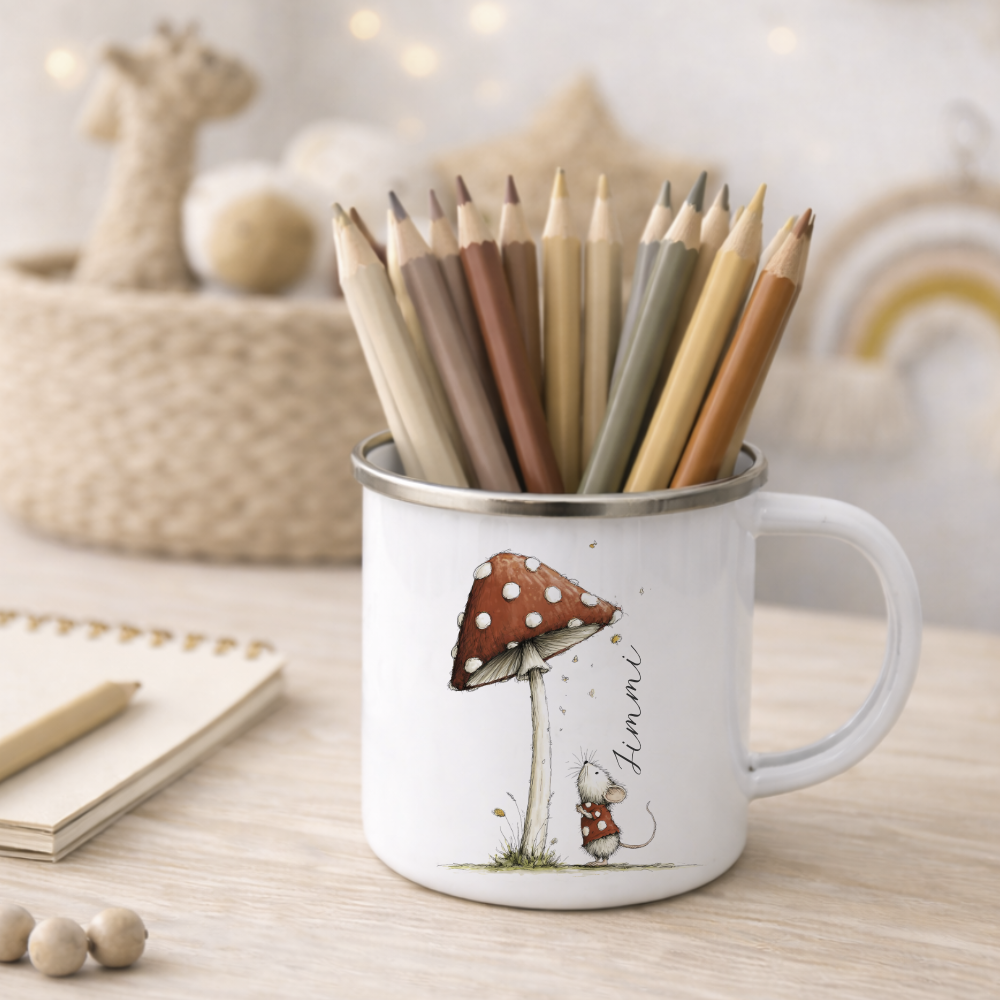Personalisierte Emaille Tasse für Kinder mit Namen – Süße Maus Motive im Boho-Stil