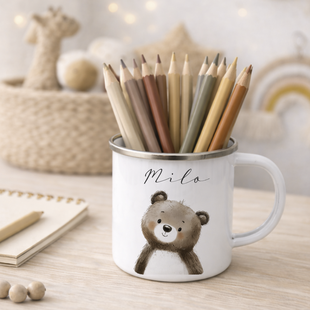 Personalisierte Kinder Emaille-Tasse mit Namen – Niedliche Tiermotive | Geschenk zur Geburt, Taufe oder Geburtstag