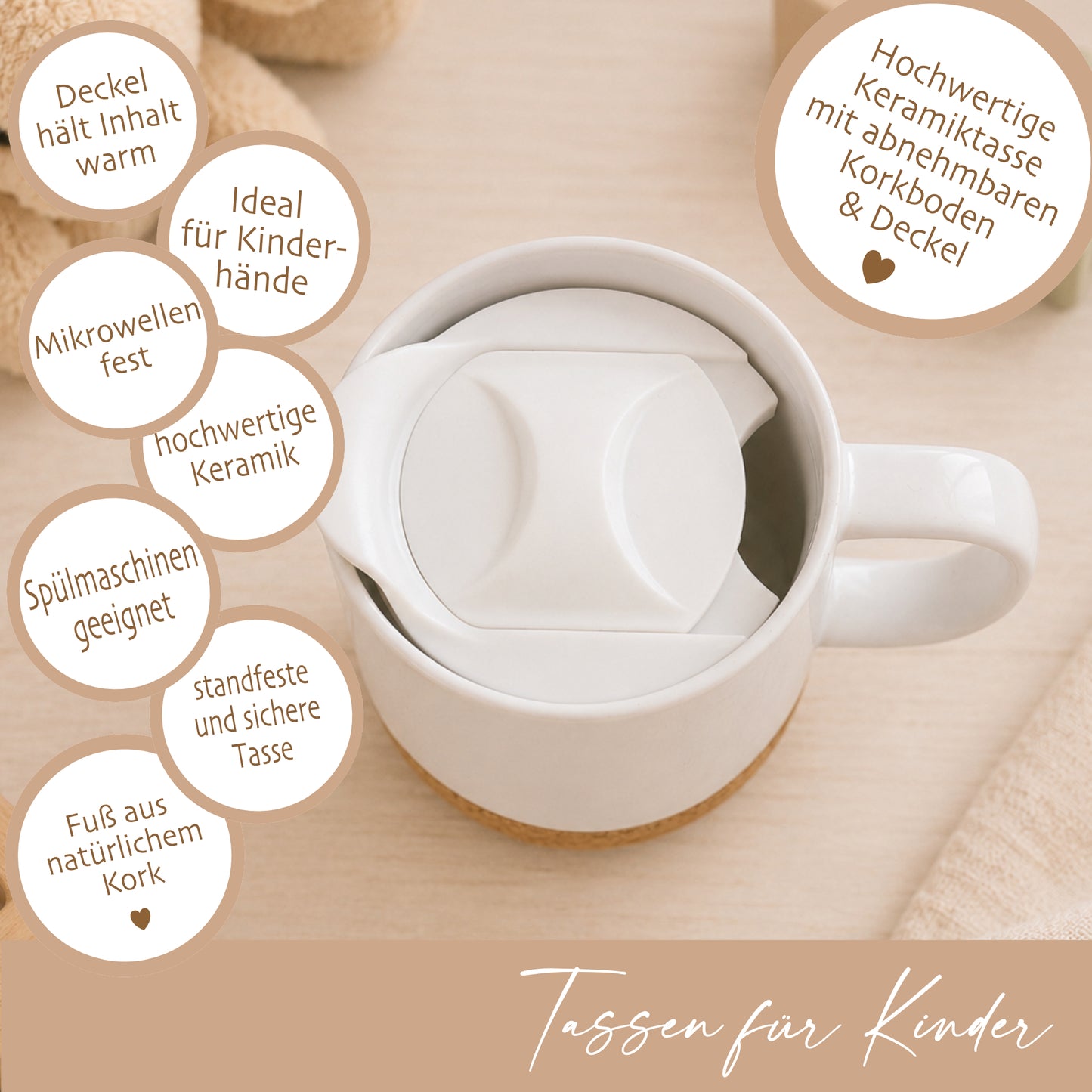 Personalisierte Kindertasse mit Namen – Keramiktasse mit Korkboden & Deckel | 14 Motive zur Auswahl