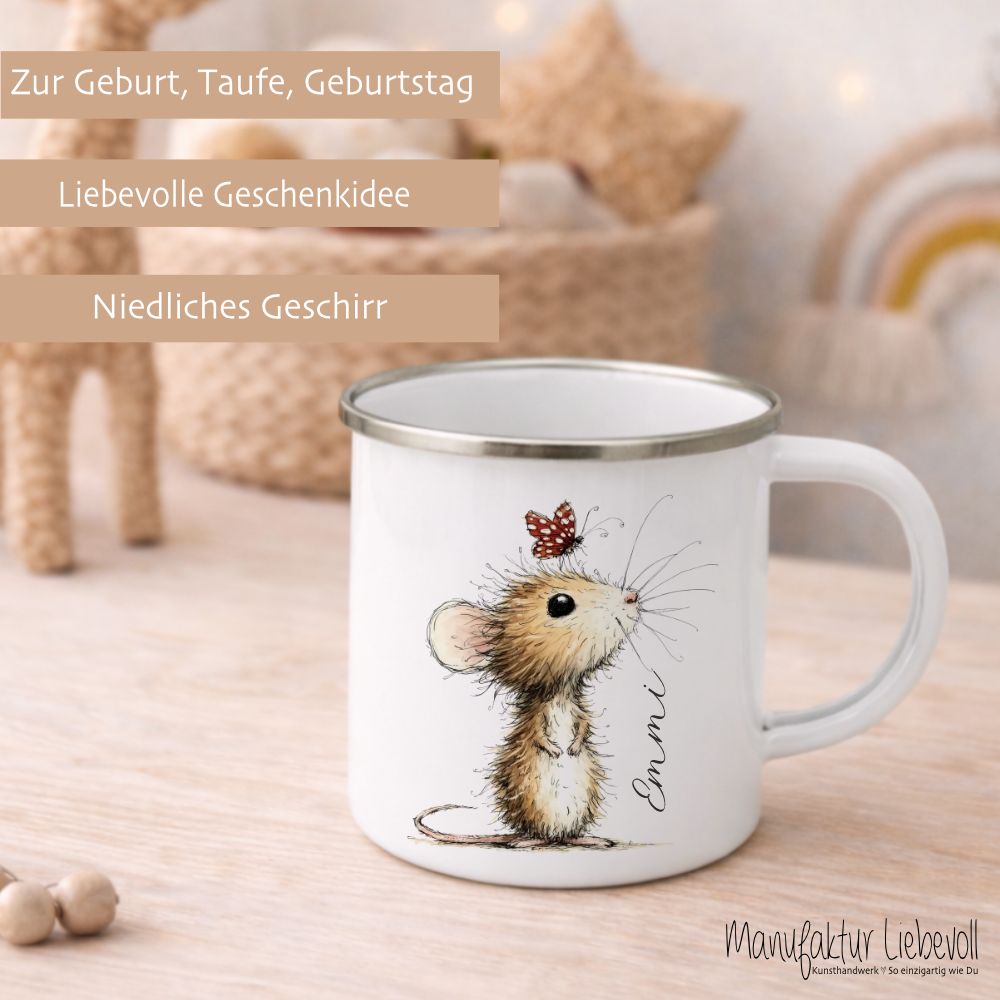 Personalisierte Emaille Tasse für Kinder mit Namen – Süße Maus Motive im Boho-Stil