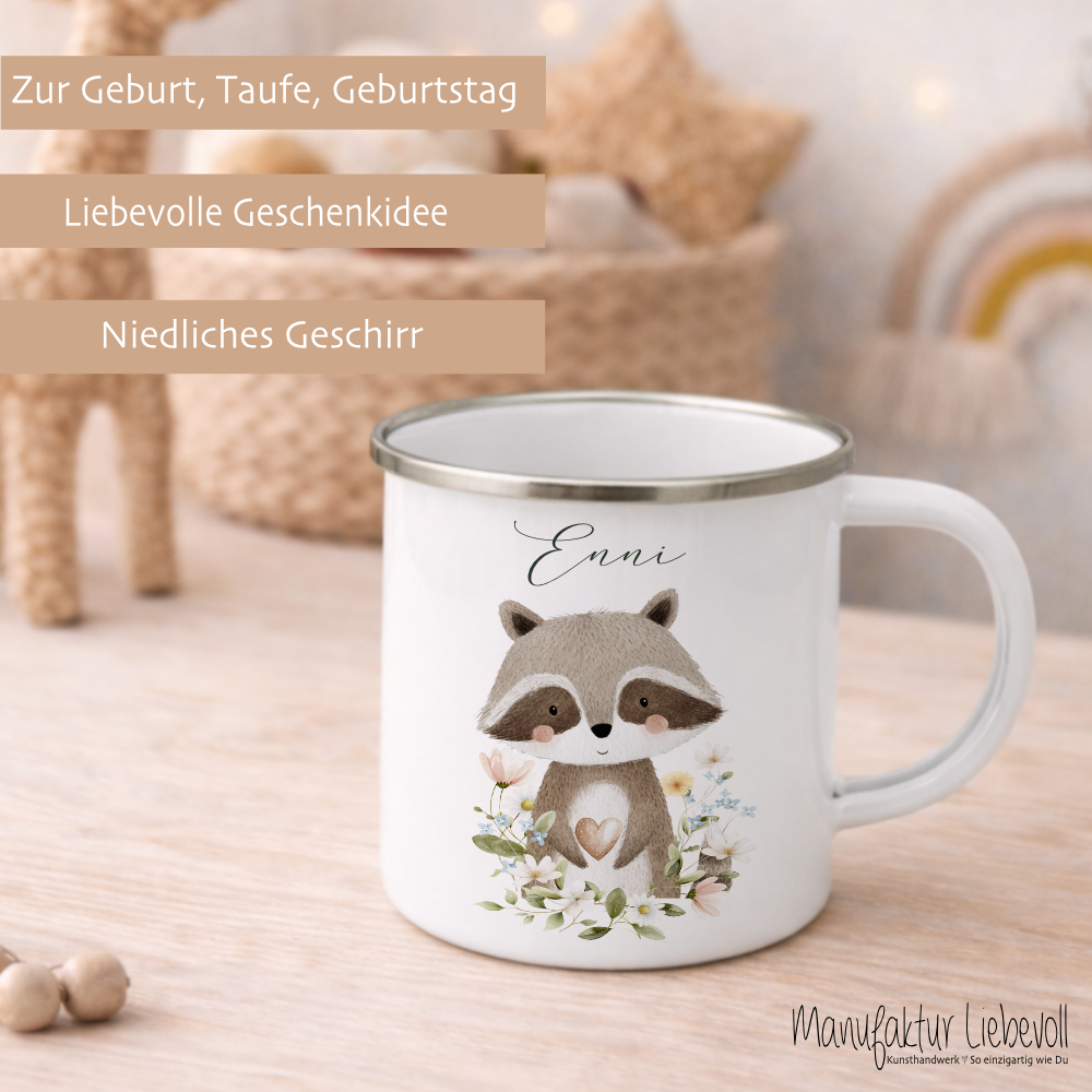 Personalisierte Emaille Tasse mit Namen – Süße Waldtiere Motive im Boho-Stil – Kinderbecher / Campingbecher 300ml