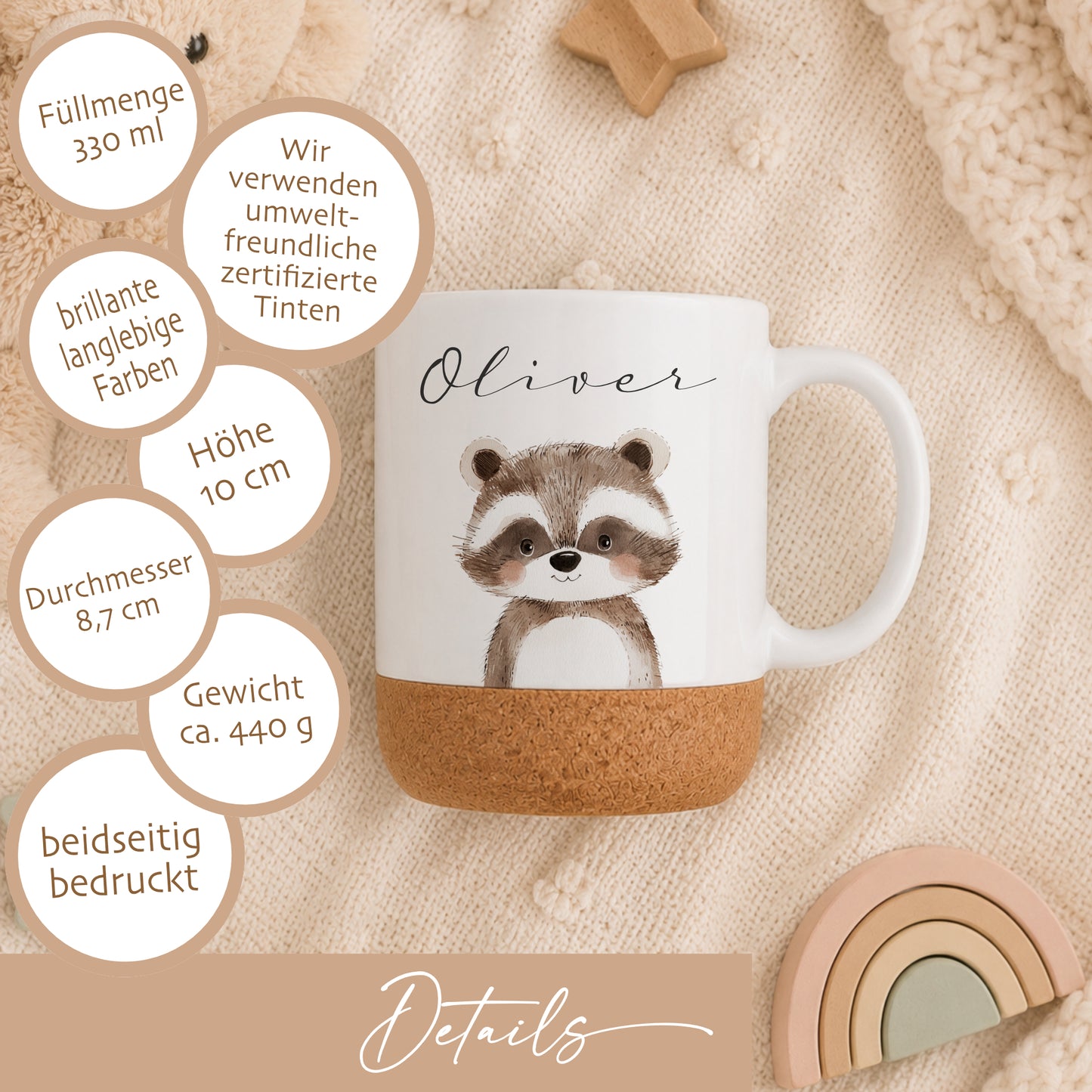 Personalisierte Kindertasse mit Name – Keramiktasse mit Korkboden & Deckel | 12 Tiermotive
