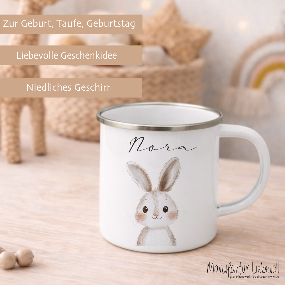 Personalisierte Kinder Emaille-Tasse mit Namen – Niedliche Tiermotive | Geschenk zur Geburt, Taufe oder Geburtstag