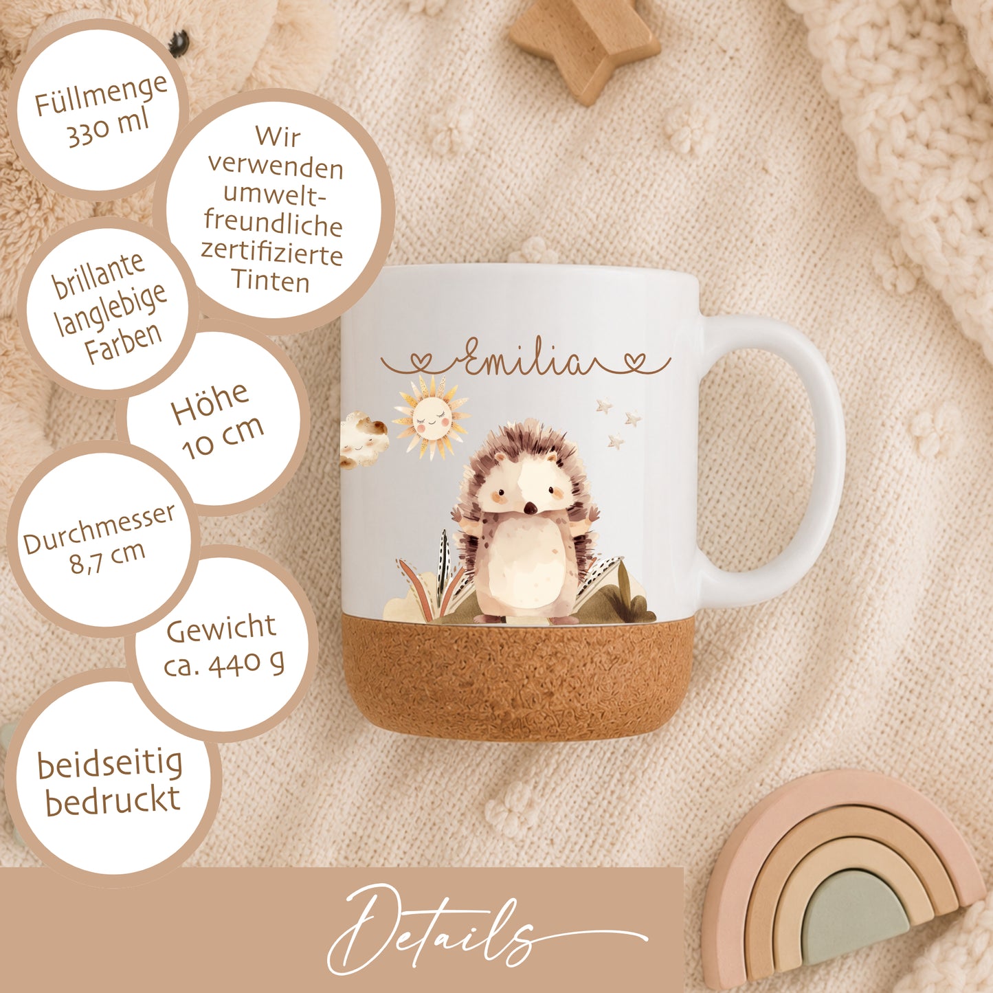 Personalisierte Kindertasse mit Namen – Keramiktasse mit Korkboden & Deckel | 14 Motive zur Auswahl