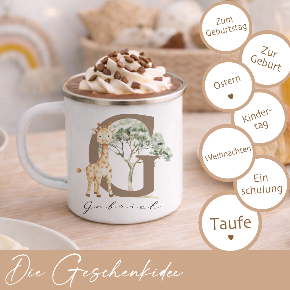 Personalisierte Emaille Tasse mit Namen & Buchstabe – Süße Safari Motive im Boho-Stil – Bruchsicherer Kinderbecher 300ml