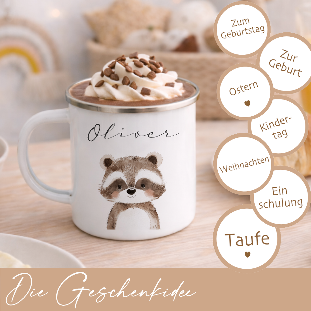 Personalisierte Kinder Emaille-Tasse mit Namen – Niedliche Tiermotive | Geschenk zur Geburt, Taufe oder Geburtstag