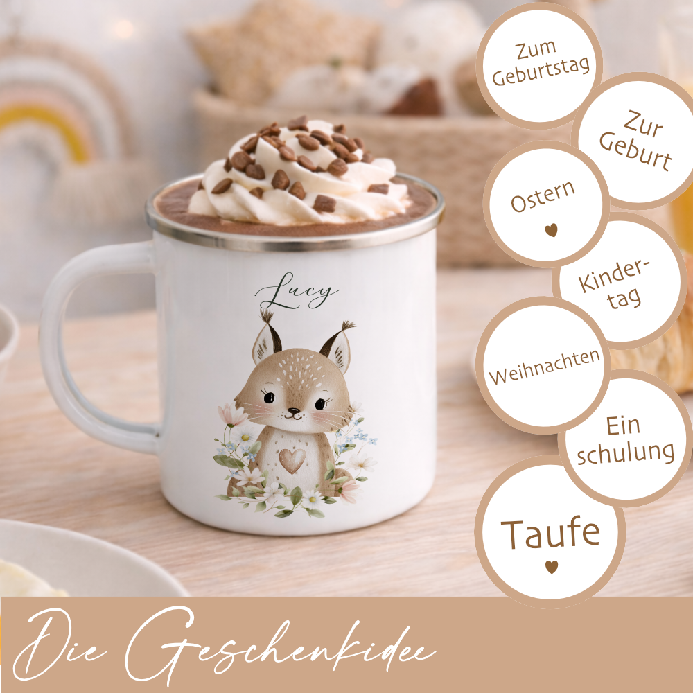 Personalisierte Emaille Tasse mit Namen – Süße Waldtiere Motive im Boho-Stil – Kinderbecher / Campingbecher 300ml
