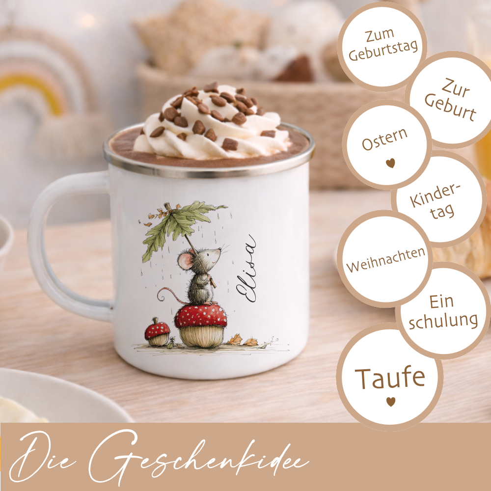 Personalisierte Emaille Tasse für Kinder mit Namen – Süße Maus Motive im Boho-Stil