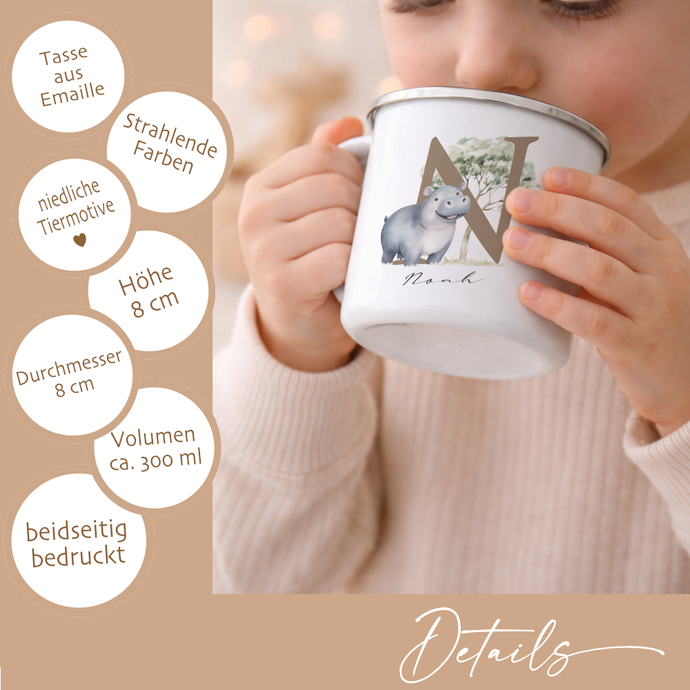 Personalisierte Emaille Tasse mit Namen & Buchstabe – Süße Safari Motive im Boho-Stil – Bruchsicherer Kinderbecher 300ml