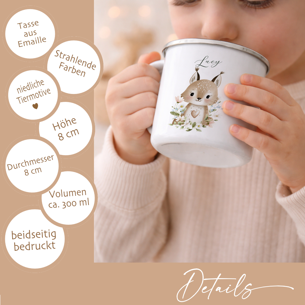 Personalisierte Emaille Tasse mit Namen – Süße Waldtiere Motive im Boho-Stil – Kinderbecher / Campingbecher 300ml
