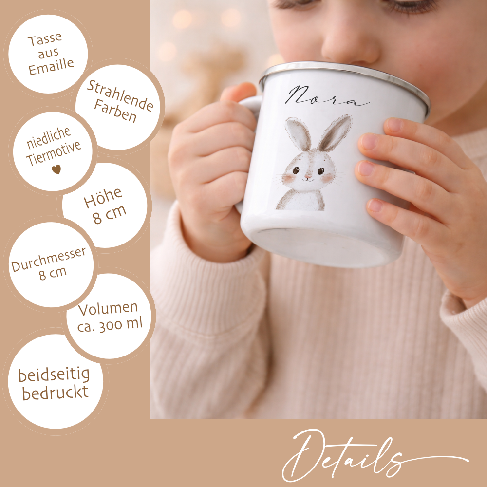 Personalisierte Kinder Emaille-Tasse mit Namen – Niedliche Tiermotive | Geschenk zur Geburt, Taufe oder Geburtstag