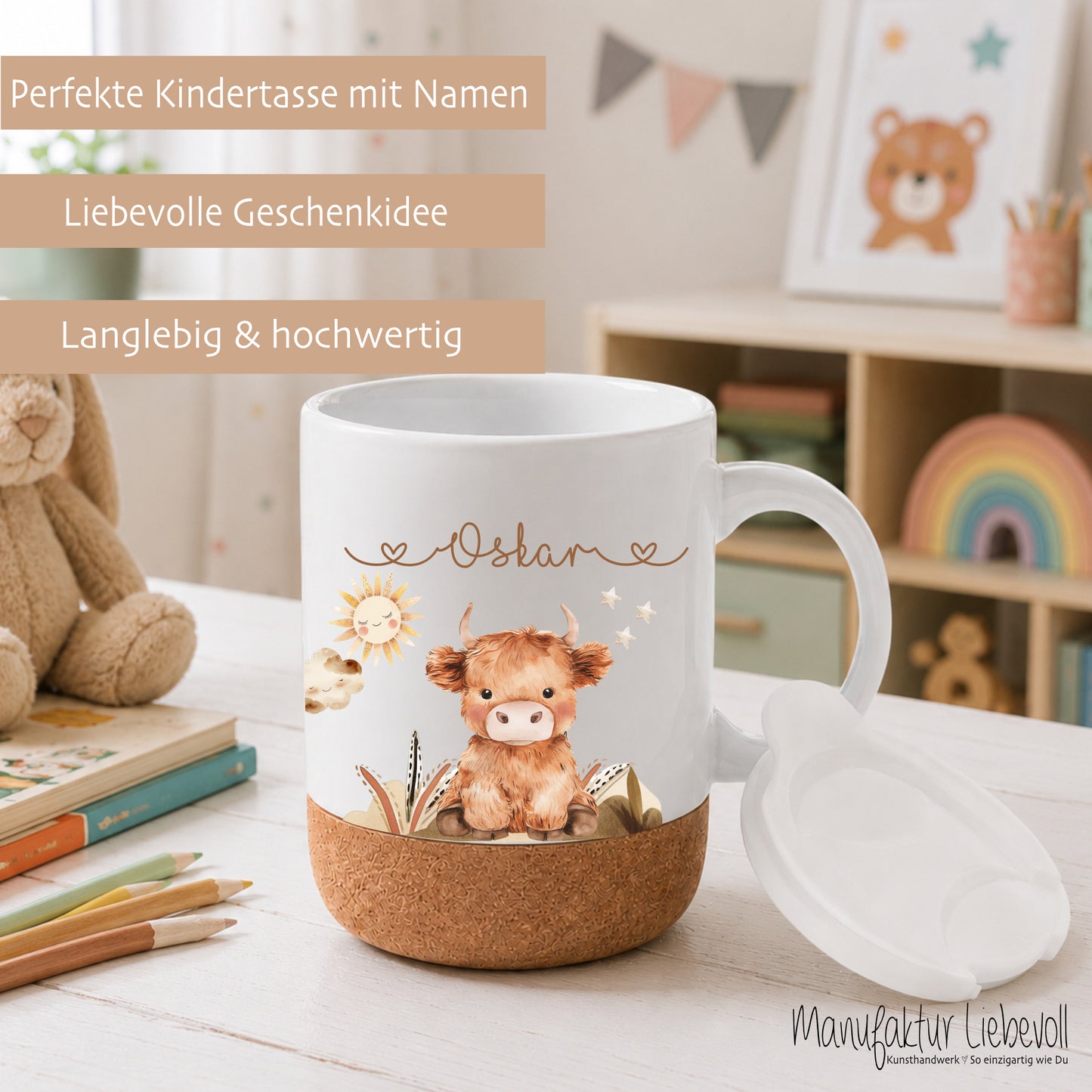 Personalisierte Kindertasse mit Namen – Keramiktasse mit Korkboden & Deckel | 14 Motive zur Auswahl